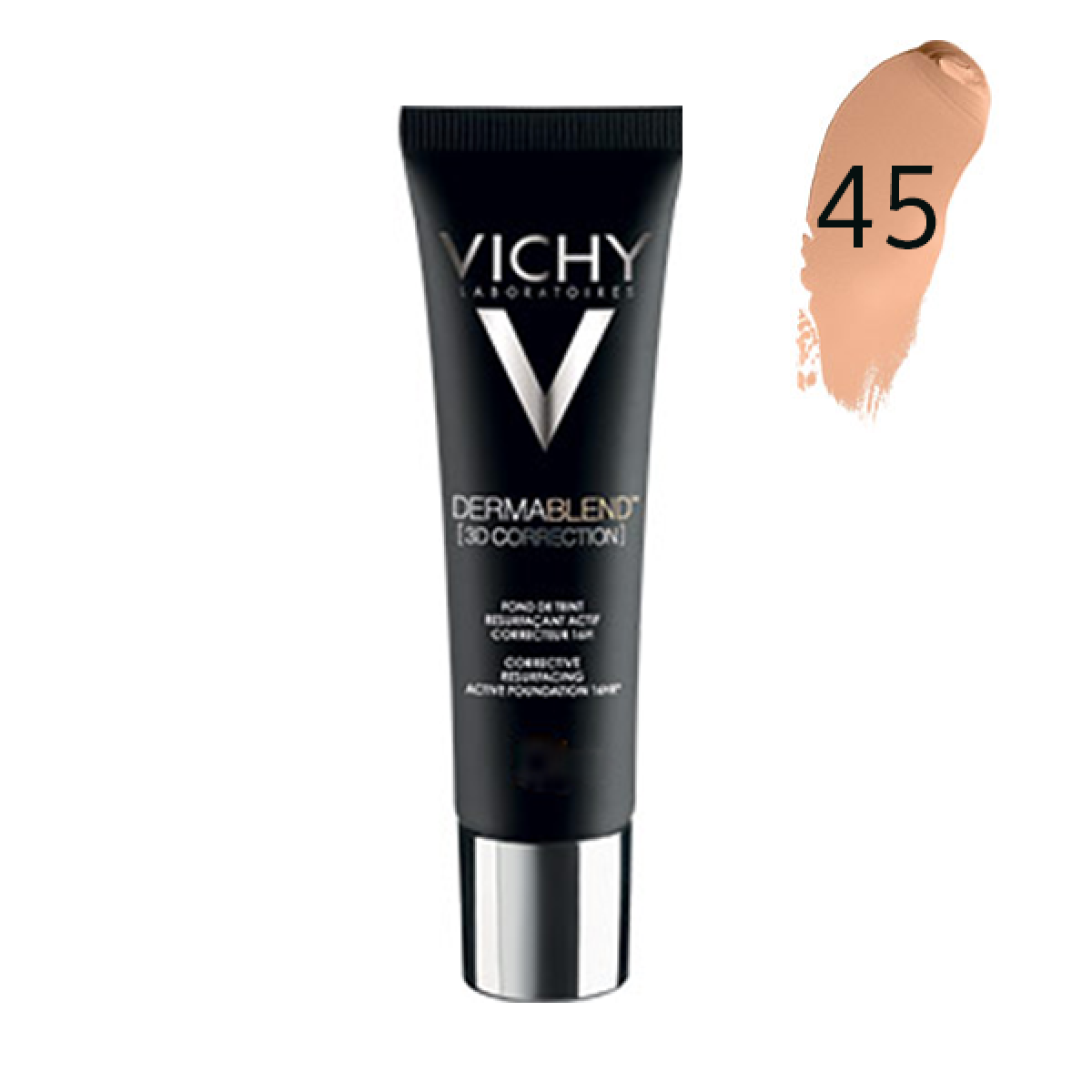 Vichy Dermablend 3D Correction Foundation in 45 Gold, a corrective liquid foundation designed to provide coverage for blemish-prone skin