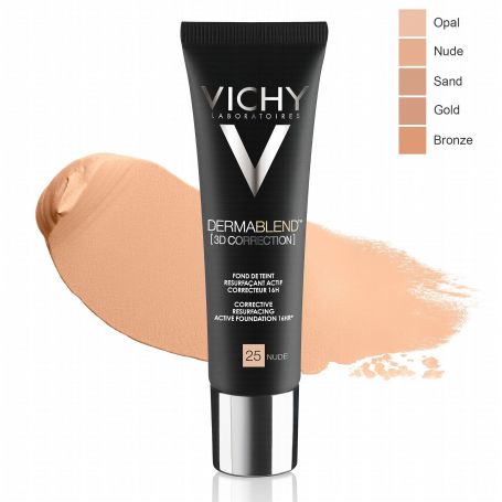 Vichy Dermablend 3D Correction Foundation in 45 Gold, a corrective liquid foundation designed to provide coverage for blemish-prone skin