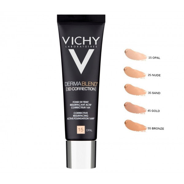 Vichy Dermablend 3D Correction Foundation in 45 Gold, a corrective liquid foundation designed to provide coverage for blemish-prone skin