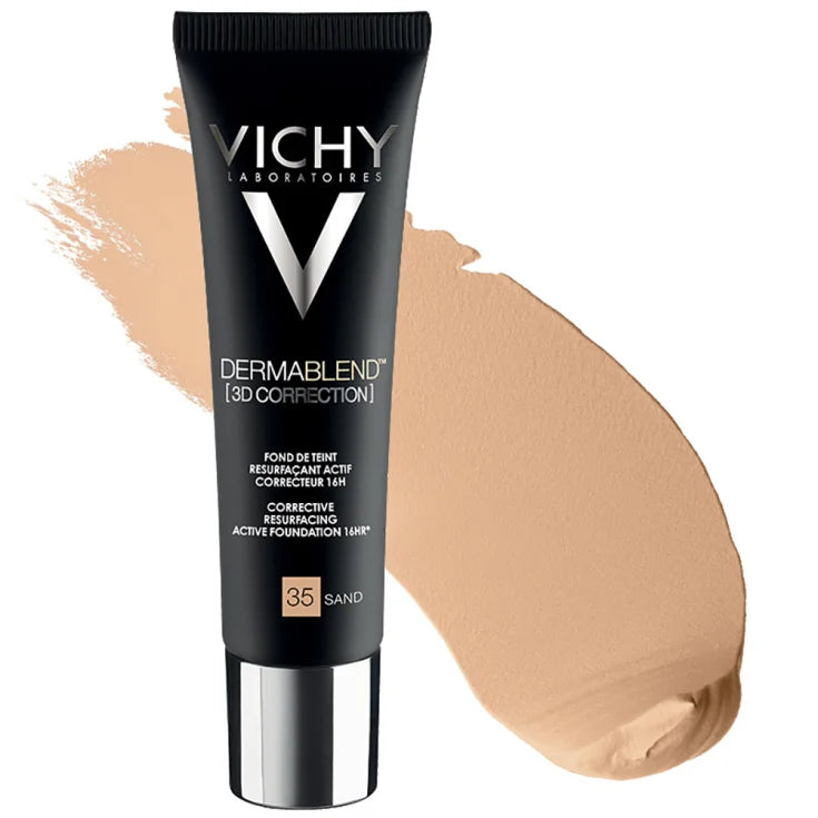 Vichy Dermablend 3D Correction Foundation in 45 Gold, a corrective liquid foundation designed to provide coverage for blemish-prone skin